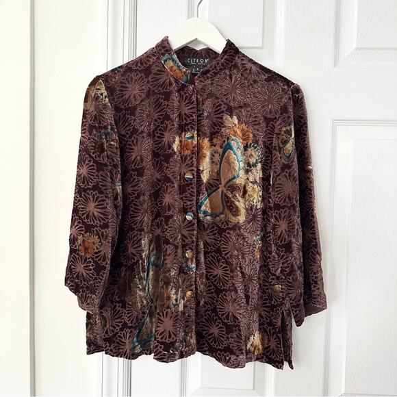 Citron Brown Velvet Butterfly Mandarin Collar Neck Button Up Blouse Small Asian - Picture 7 of 12